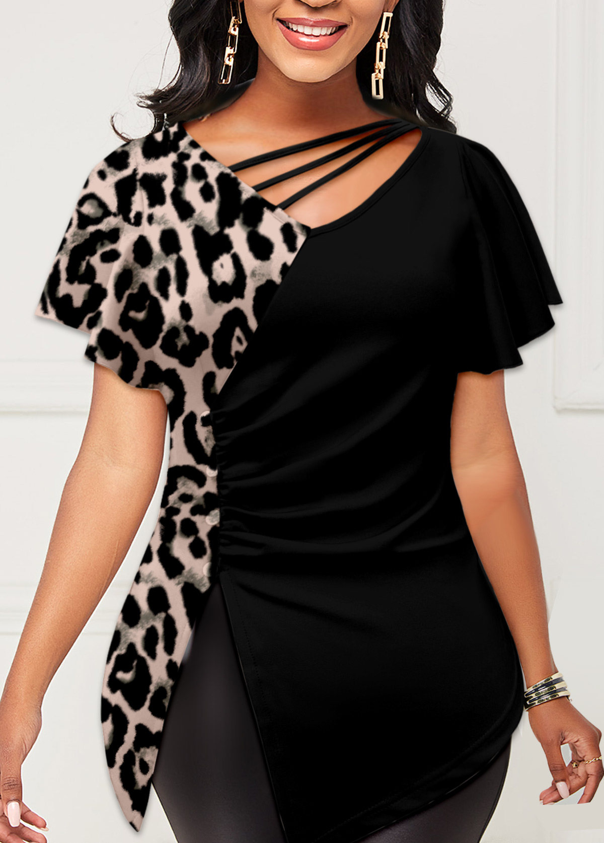 Leopard Side Slit Black T Shirt
