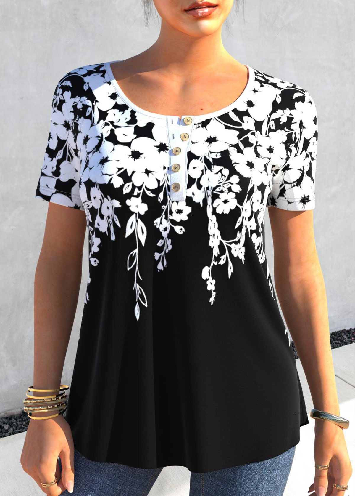 Black Floral Print Quarter Button T Shirt