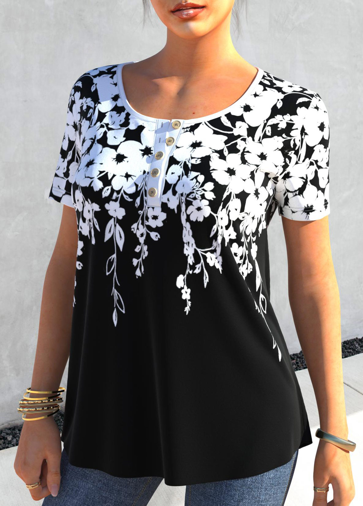 Black Floral Print Quarter Button T Shirt