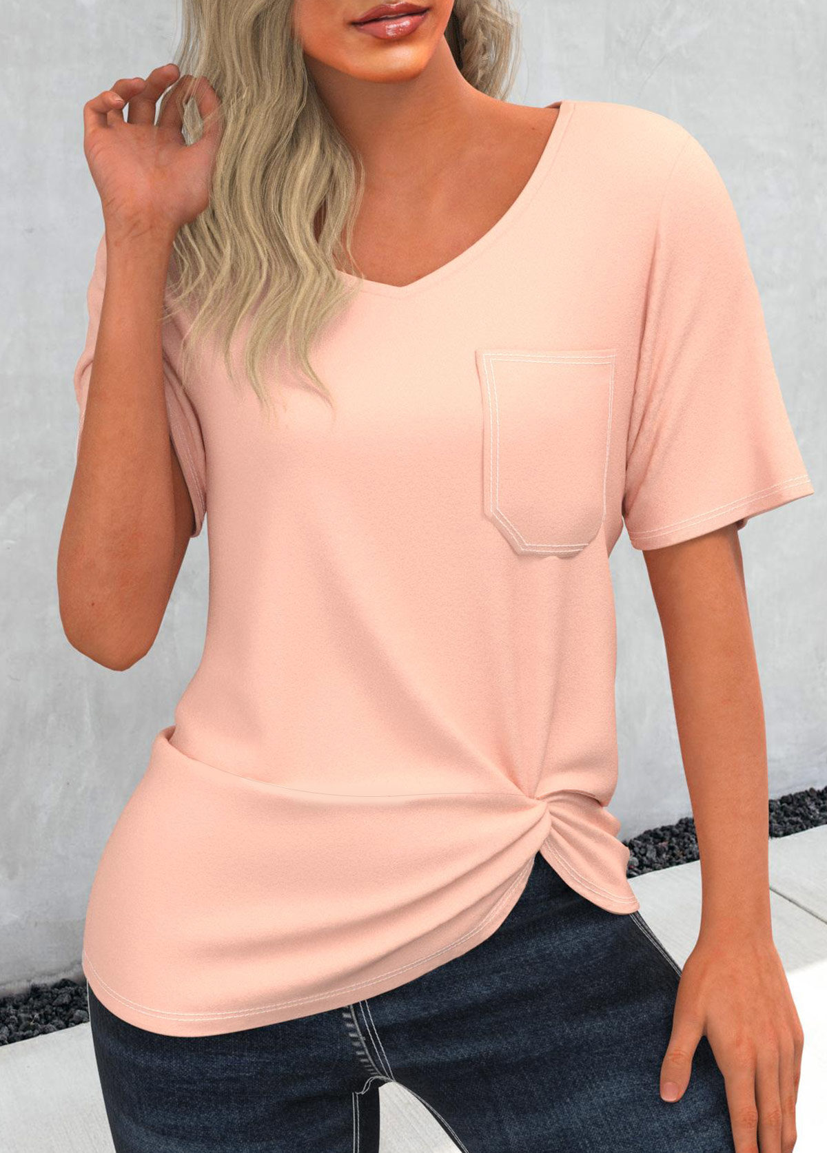 Pocket Twist Hem Light Pink T Shirt