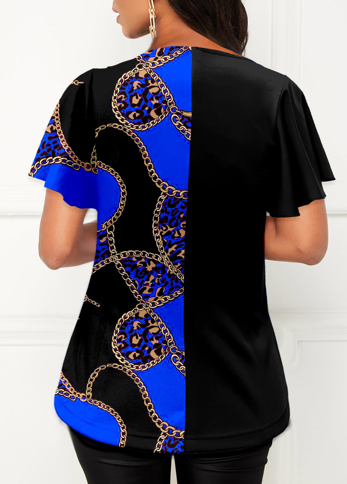 Royal Blue Chain Print Asymmetric Neck T Shirt