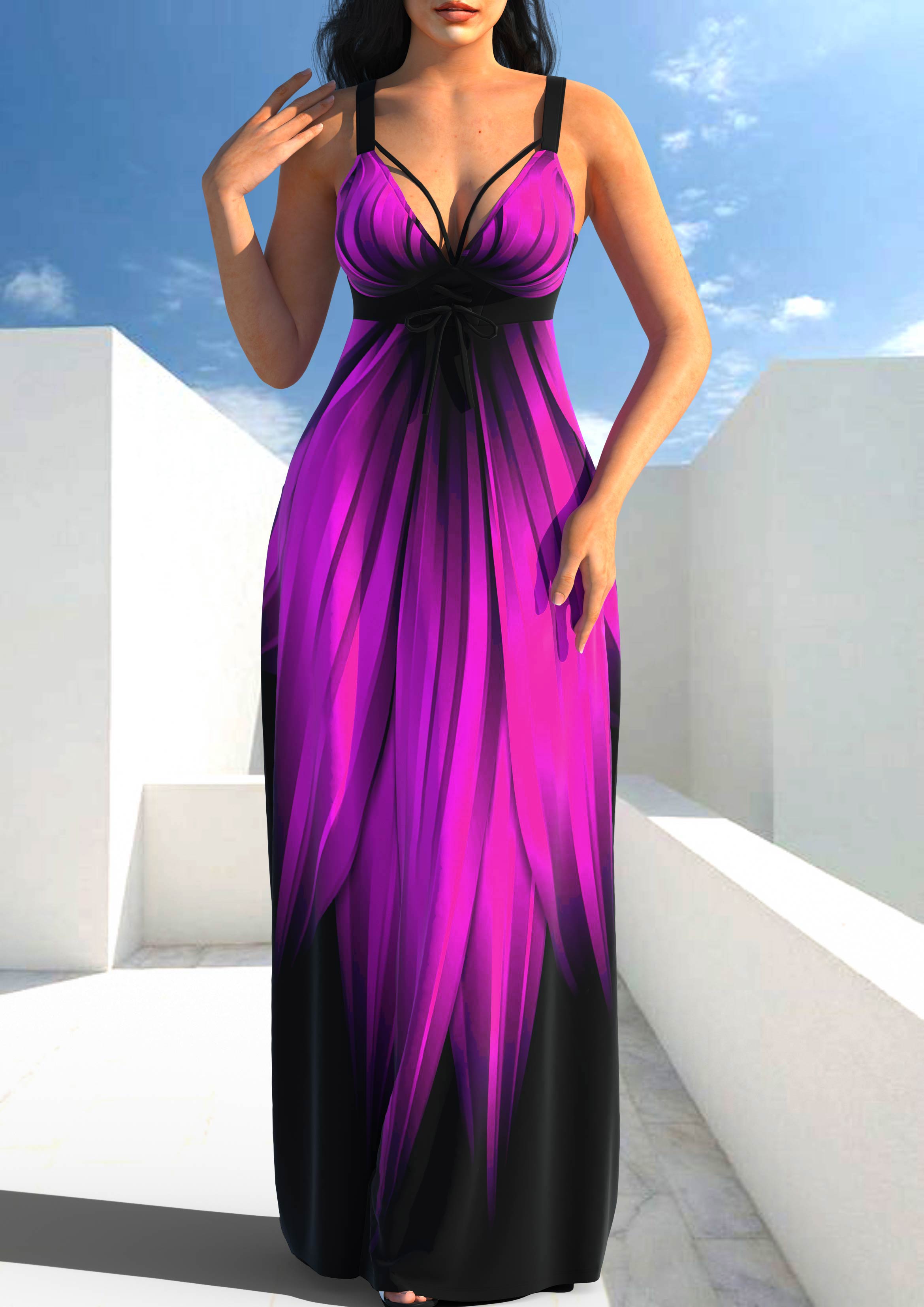 Wide Strap Lace Up Violet Dress