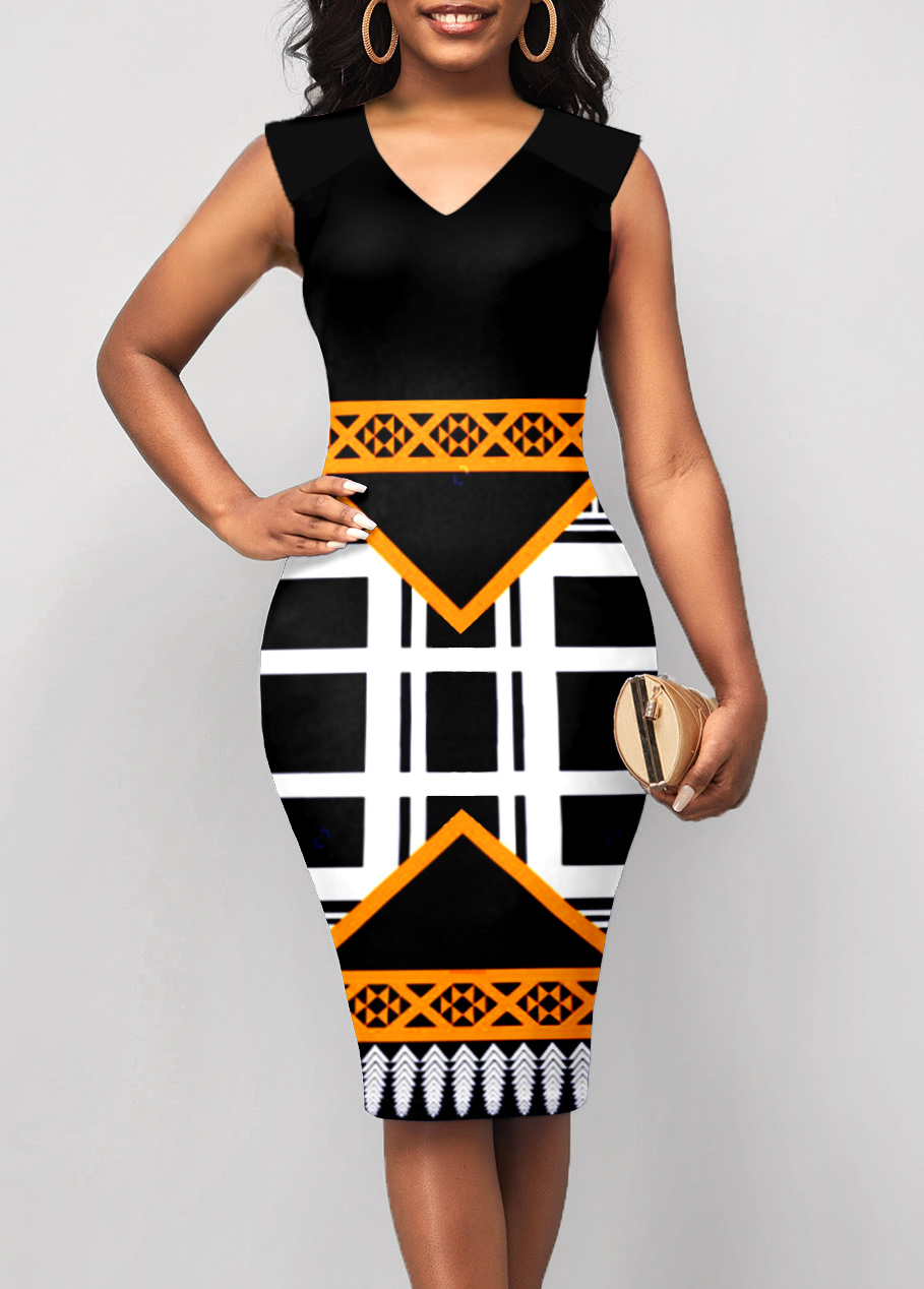 Geometric Print Sleeveless Black Bodycon Dress