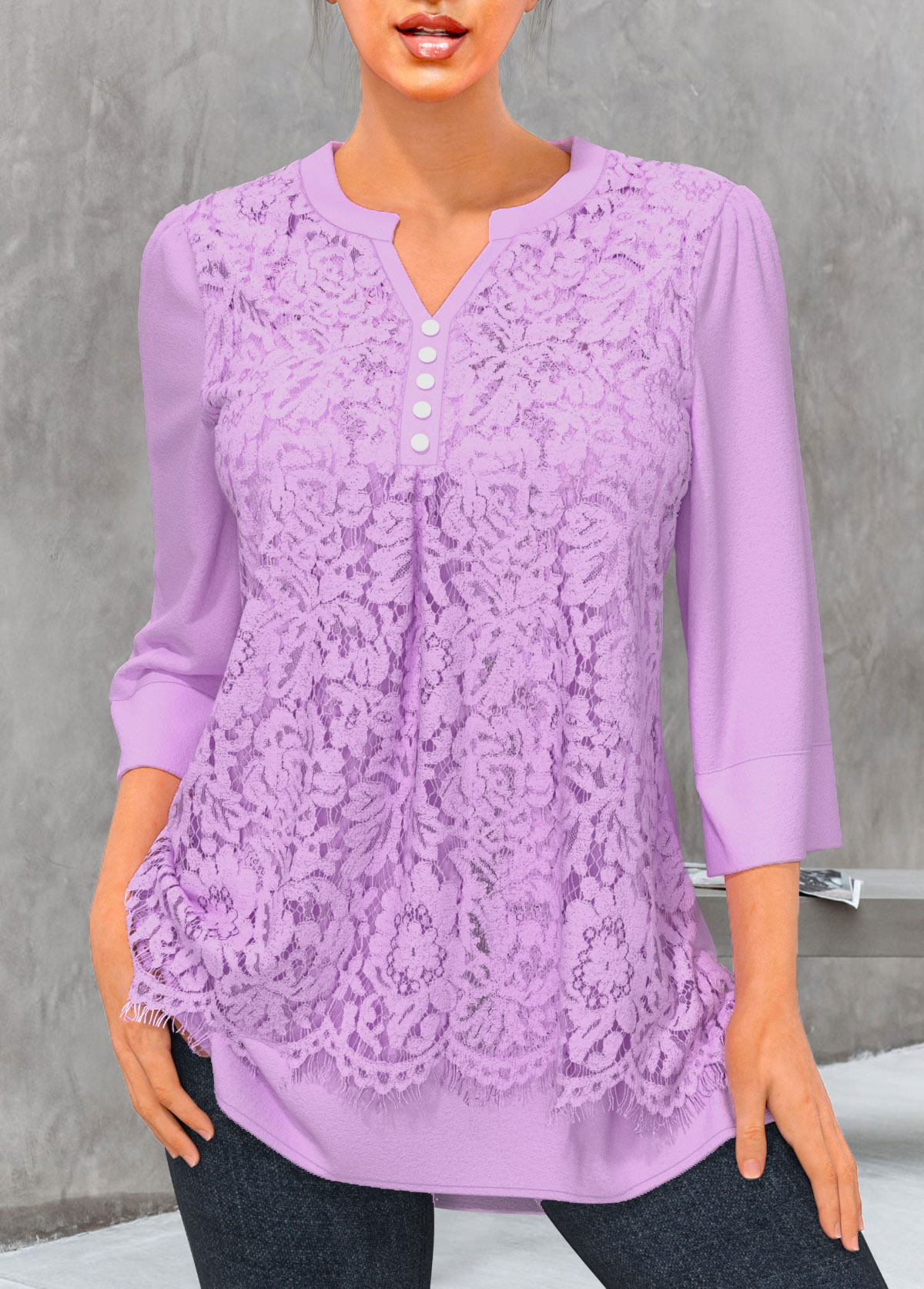 Lace Stitching Split Neck Light Purple Blouse