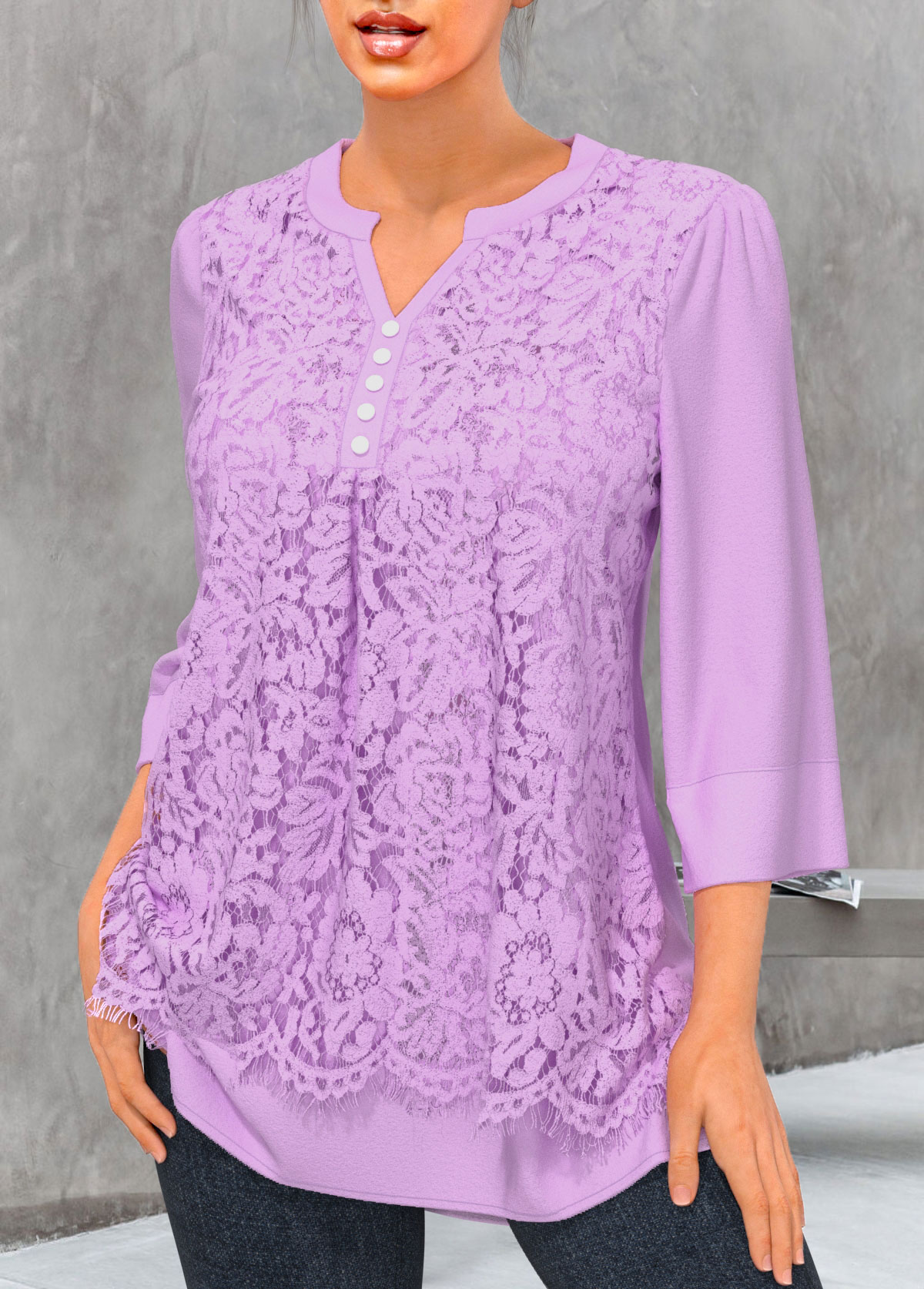 Lace Stitching Split Neck Light Purple Blouse