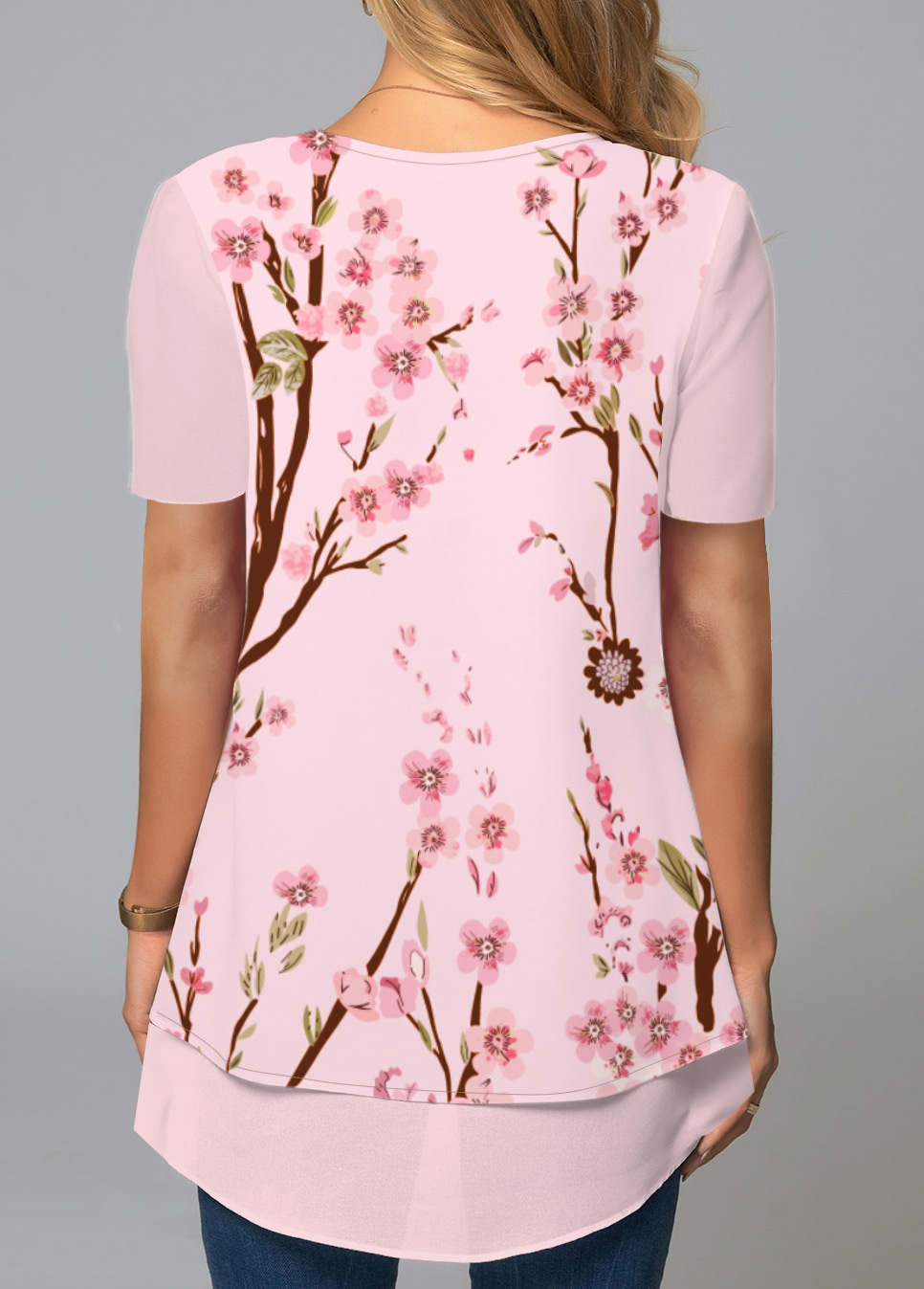 Floral Print Pink Short Sleeve Round Neck Blouse