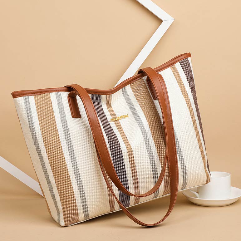 Striped Design Brown Contrast Tote Bag