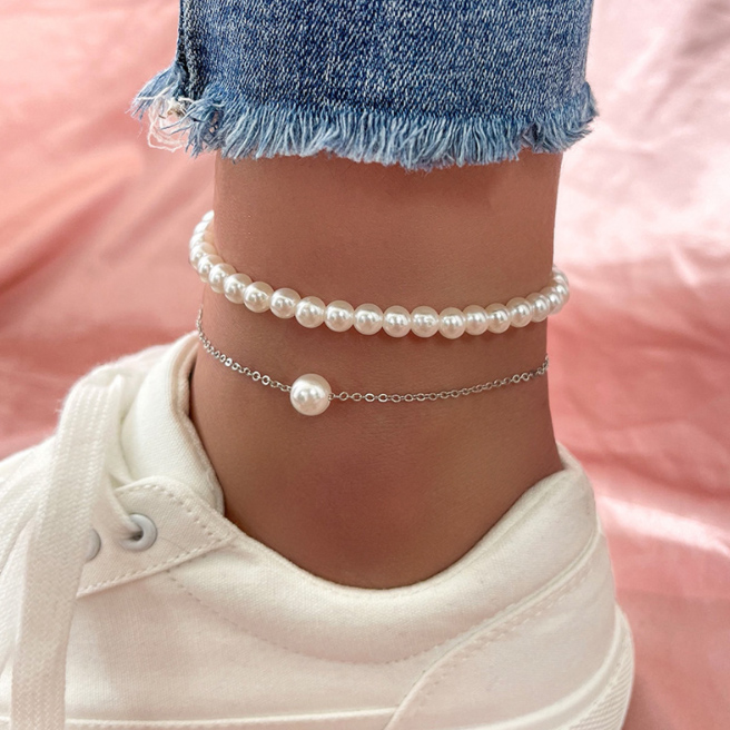 White Layered Pearl Design Anklet Set