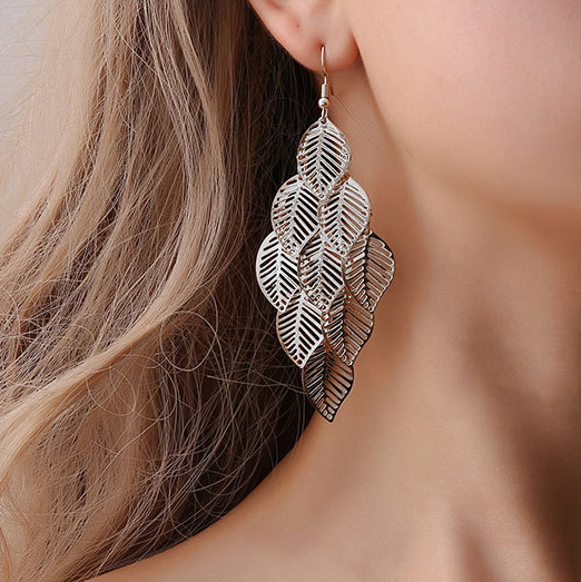 Leaf Design Hollow Out Layered Silver Earrings