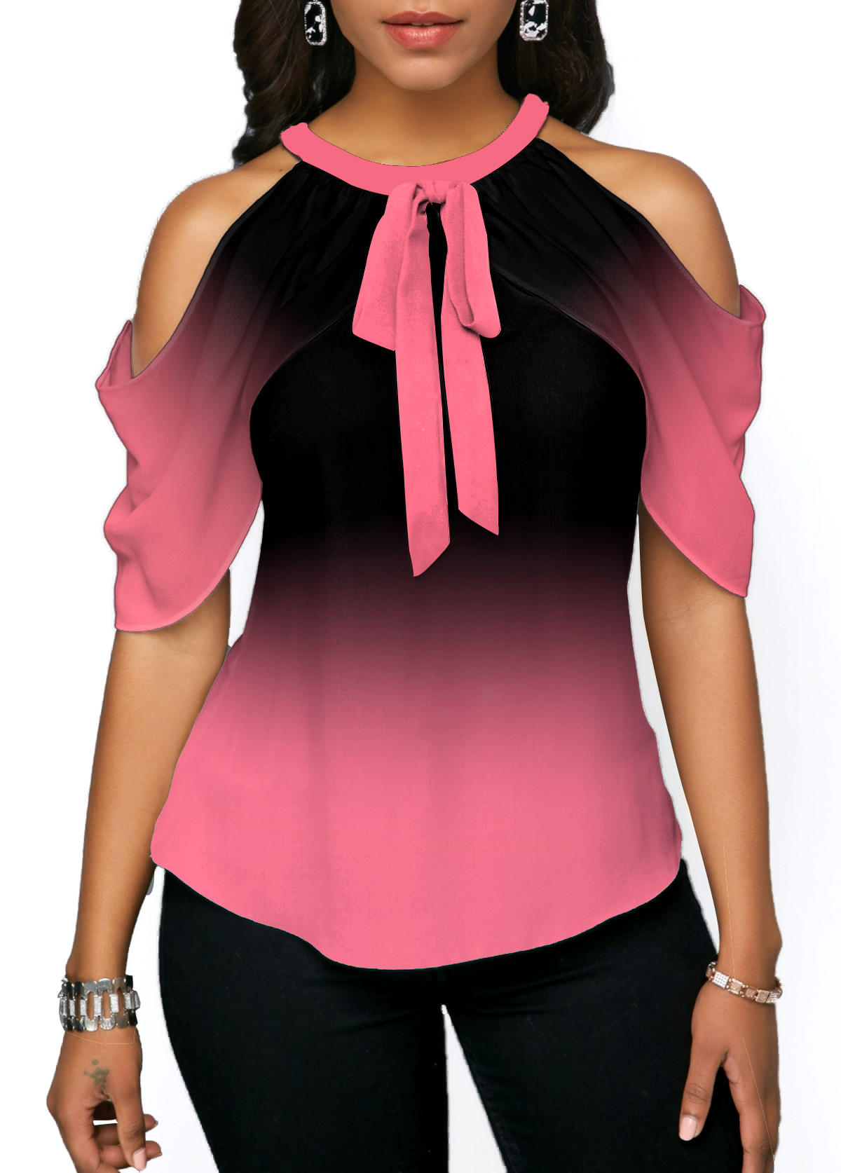 Cold Shoulder Pink Tie Front Halter Blouse