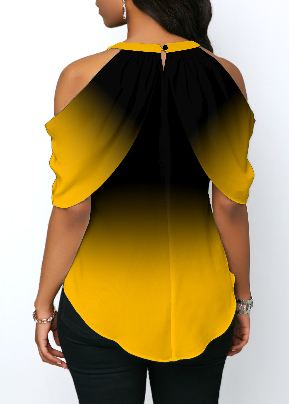 Cold Shoulder Yellow Tie Front Halter Blouse