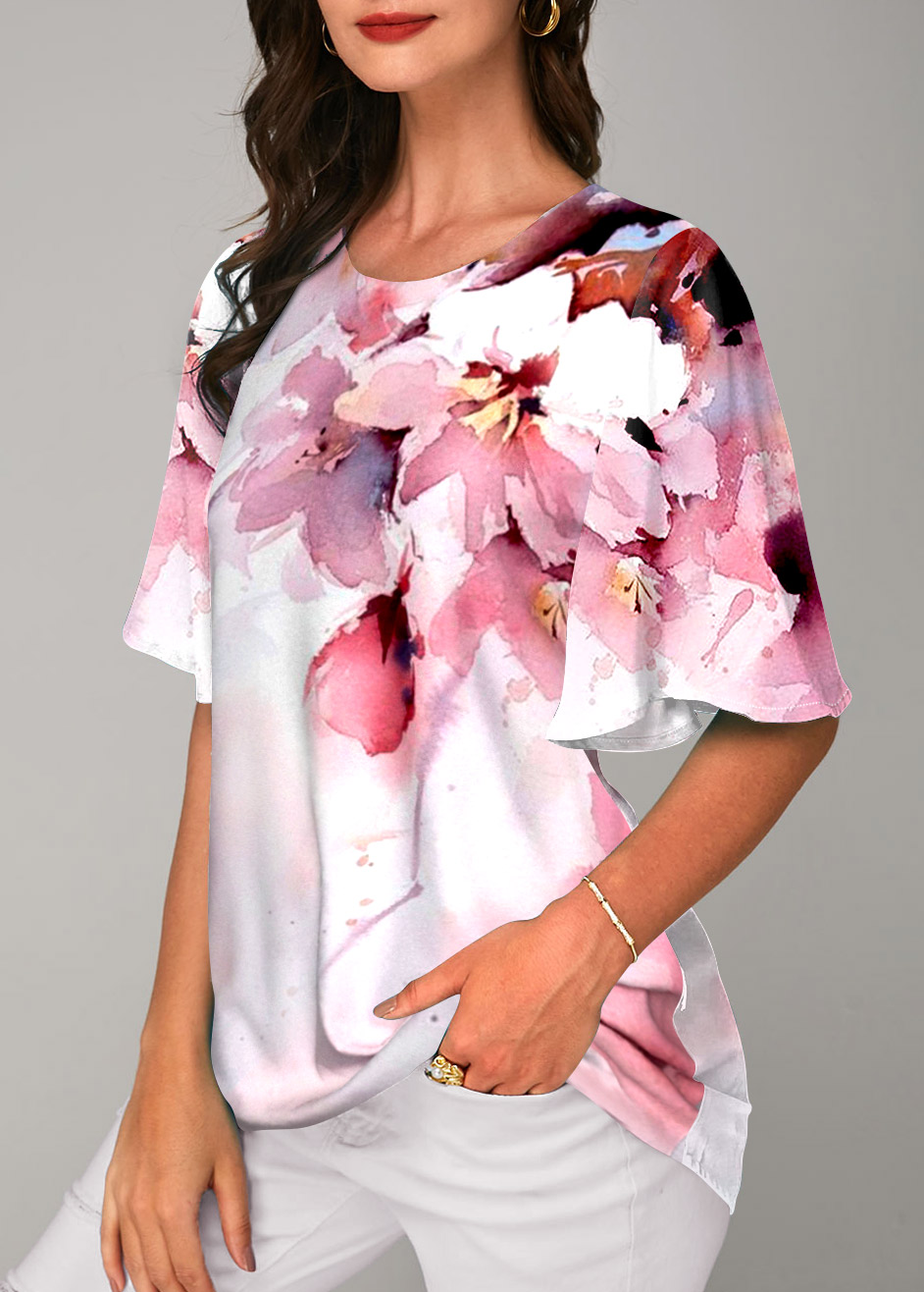 Floral Print Pink Round Neck Half Sleeve T Shirt