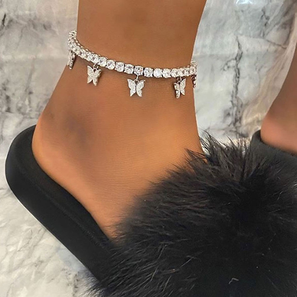 Rhinestone Detail Silver Butterfly Design Anklet