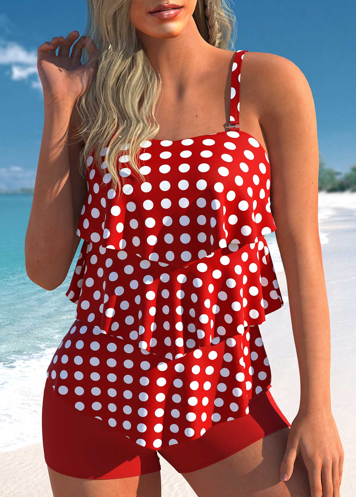 Red Layered Hem Polka Dot Tankini Set USD 37.98