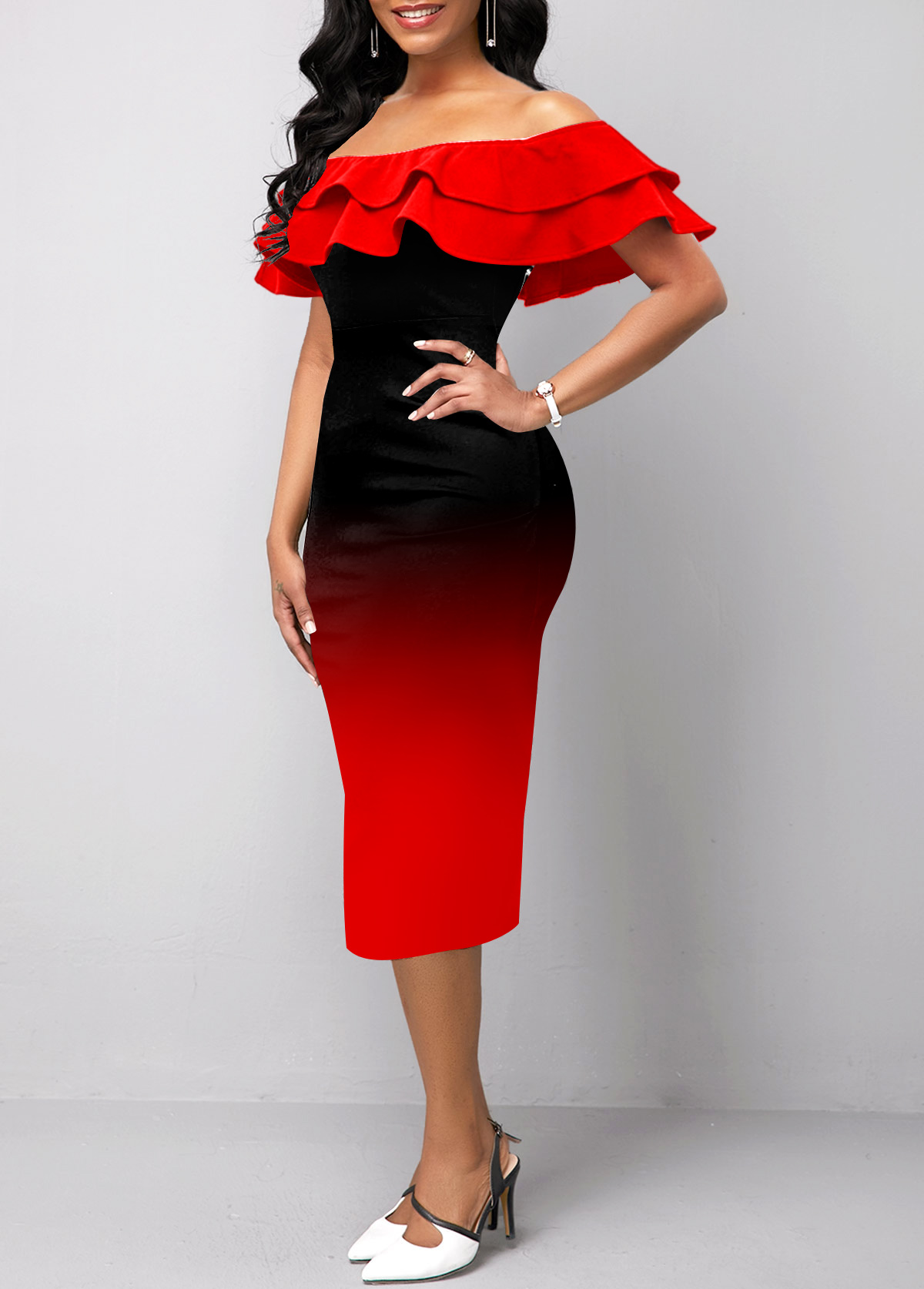 Ombre Red Off Shoulder Sheath Dress