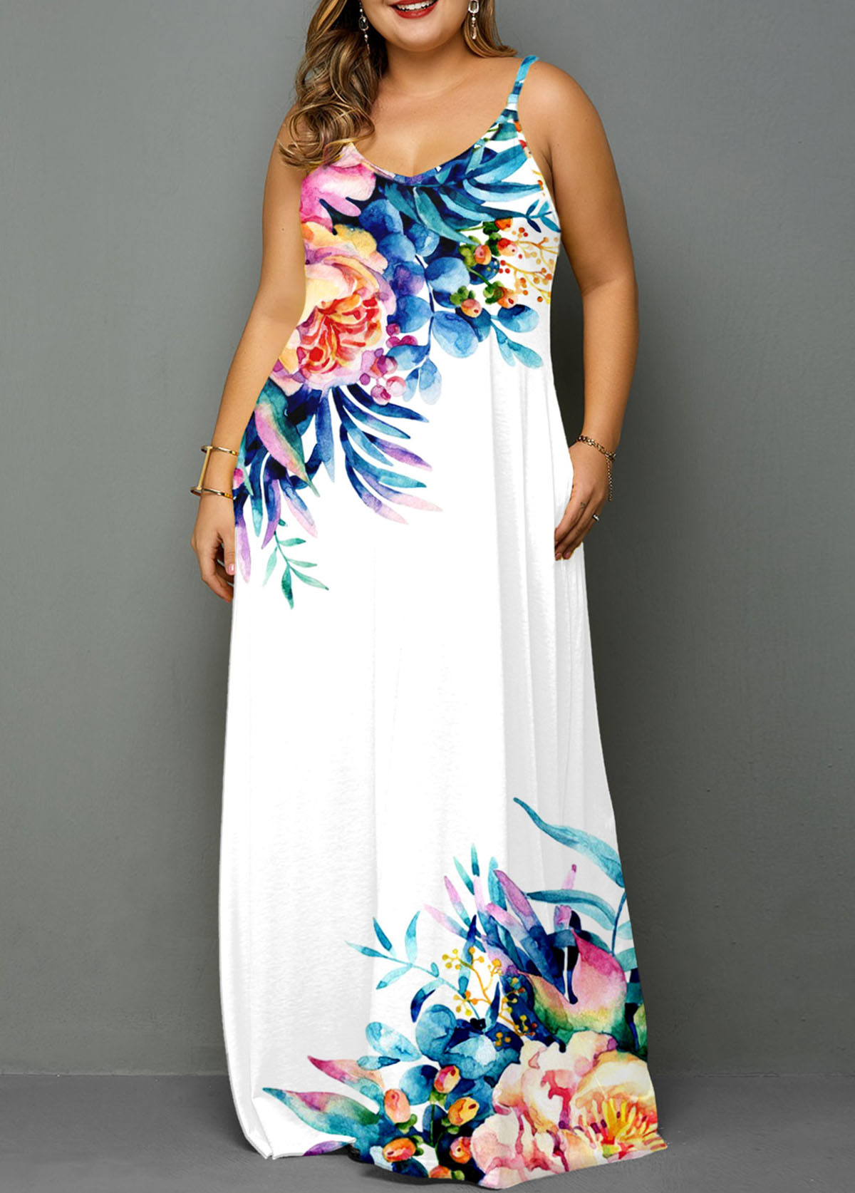 White Pocket Plus Size Floral Print Dress