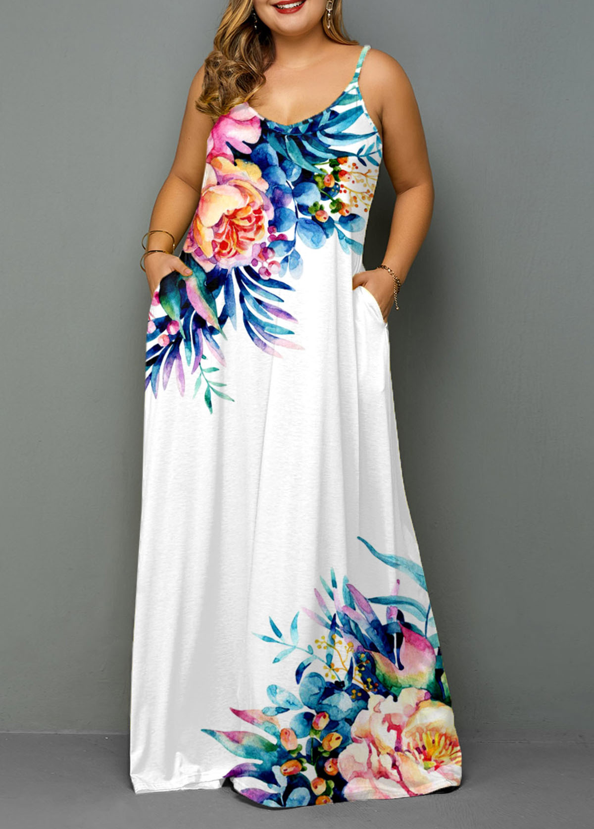 White Pocket Plus Size Floral Print Dress