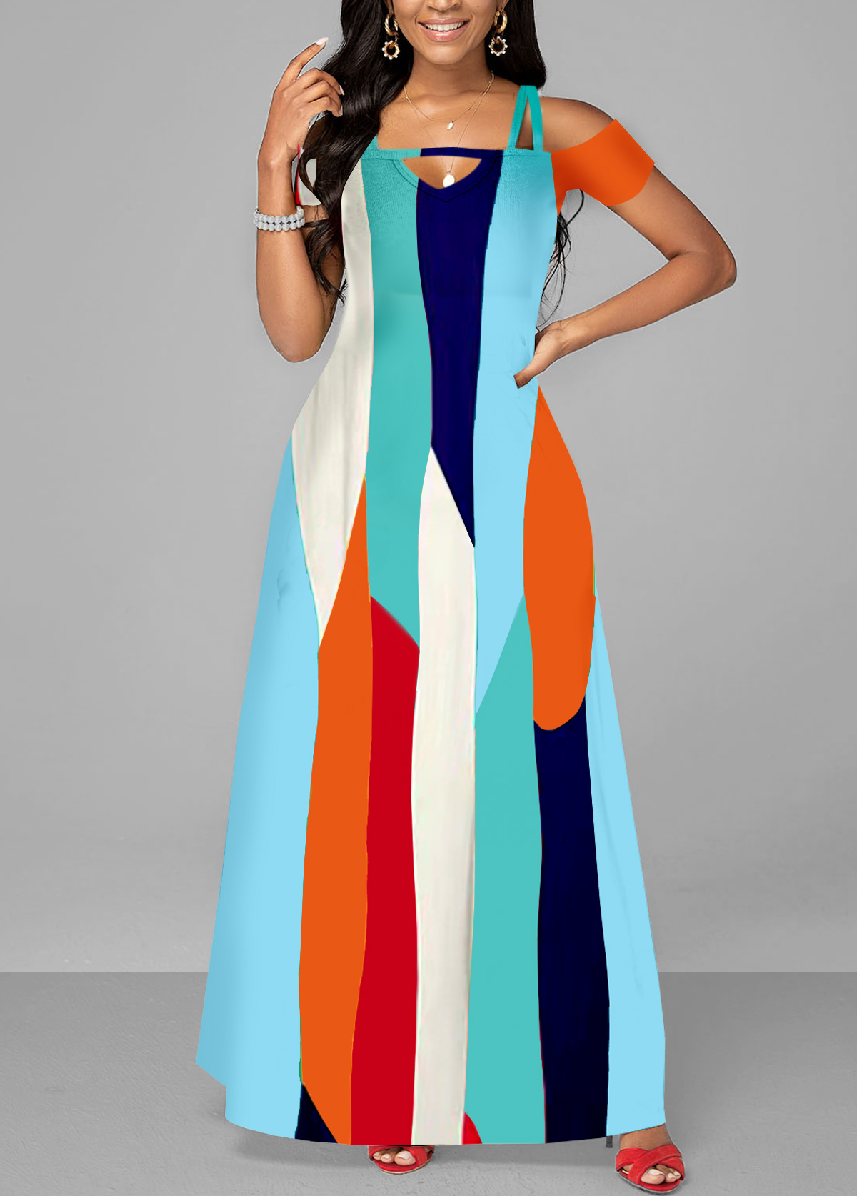 Multi Color Short Sleeve Double Straps Maxi Dress