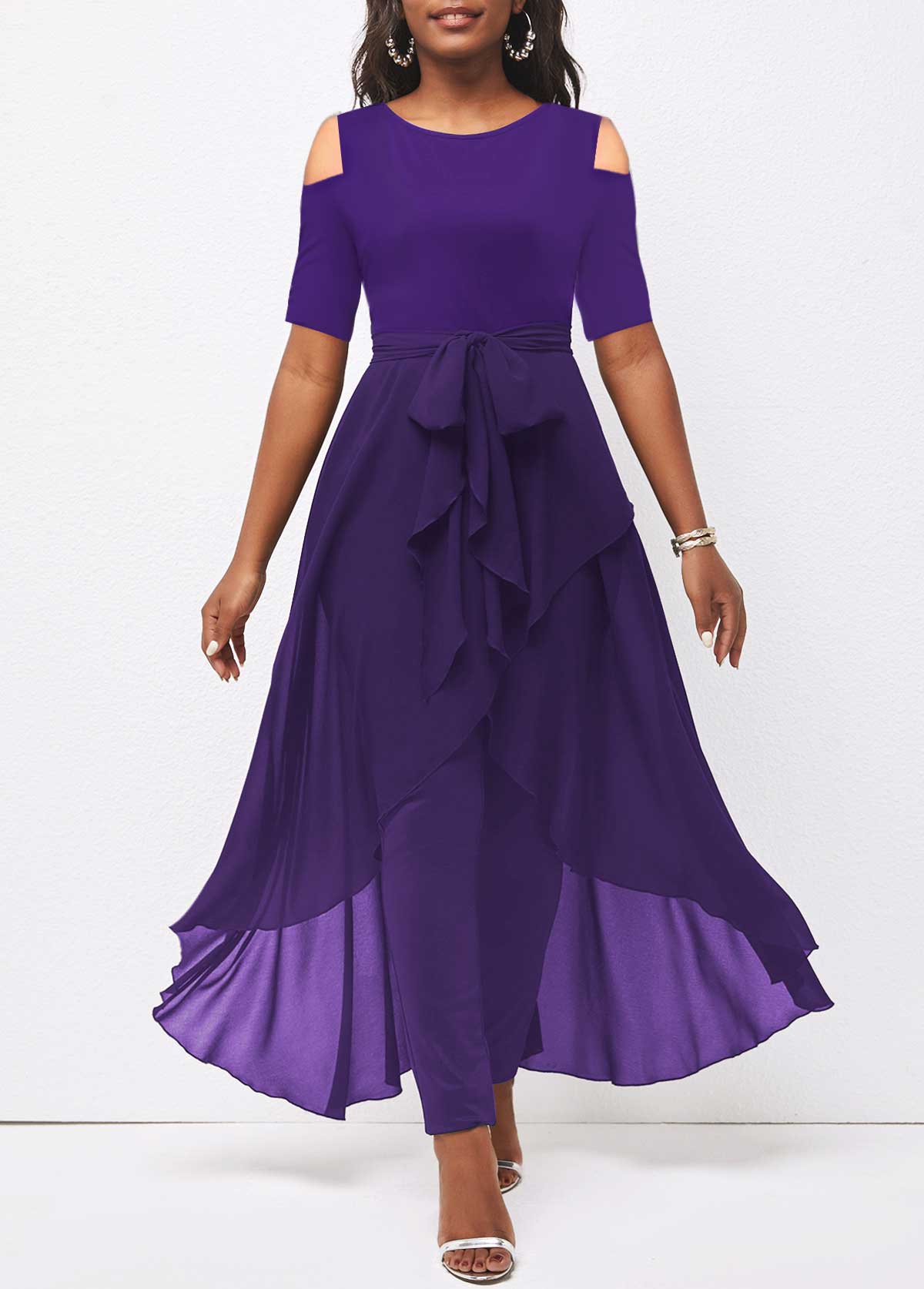 Cold Shoulder Round Neck Belted Purple Jumpsuit