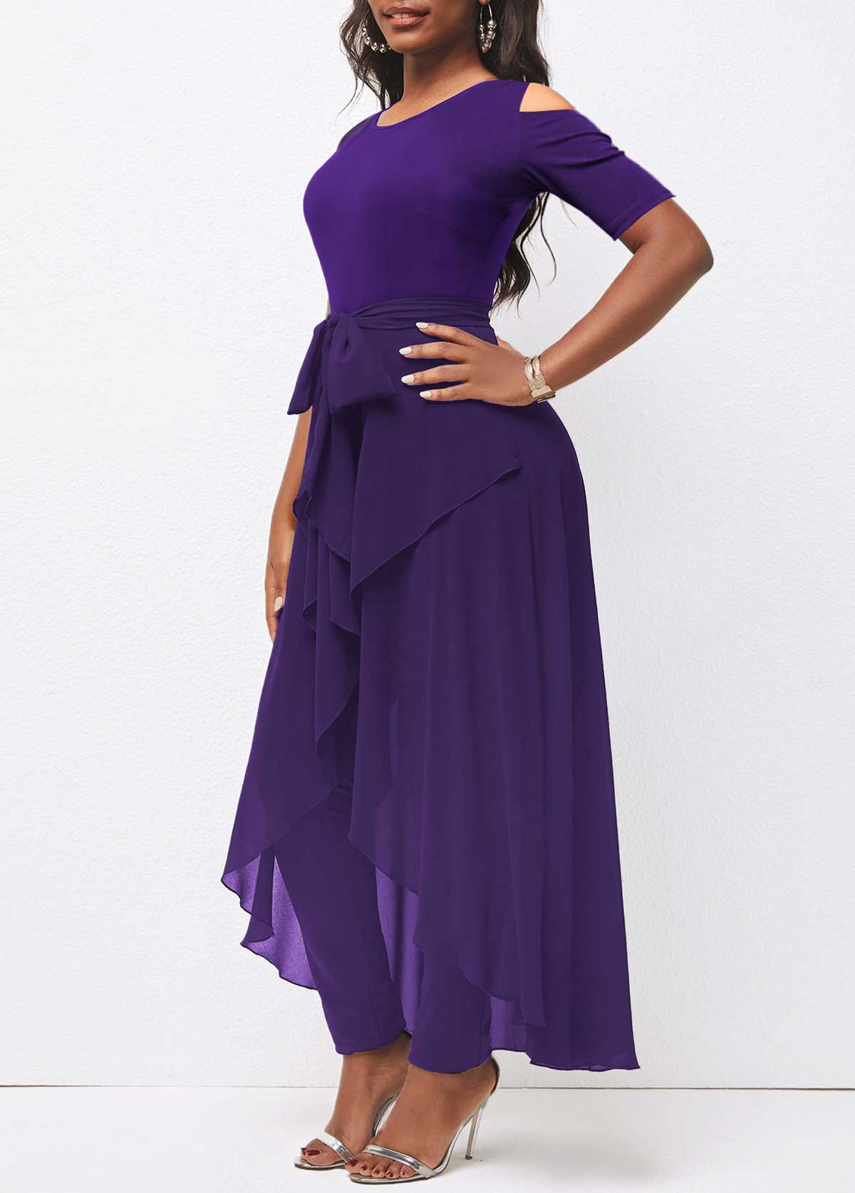 Cold Shoulder Round Neck Belted Purple Jumpsuit
