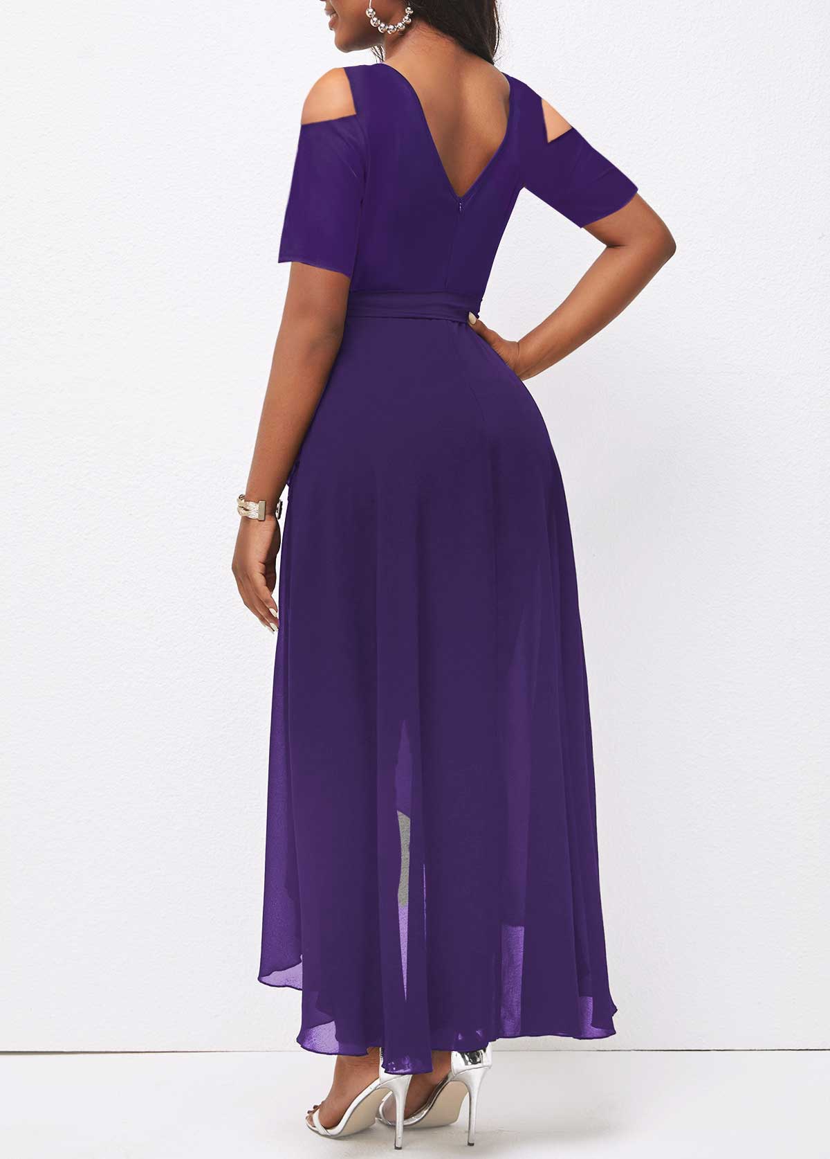 Cold Shoulder Round Neck Belted Purple Jumpsuit