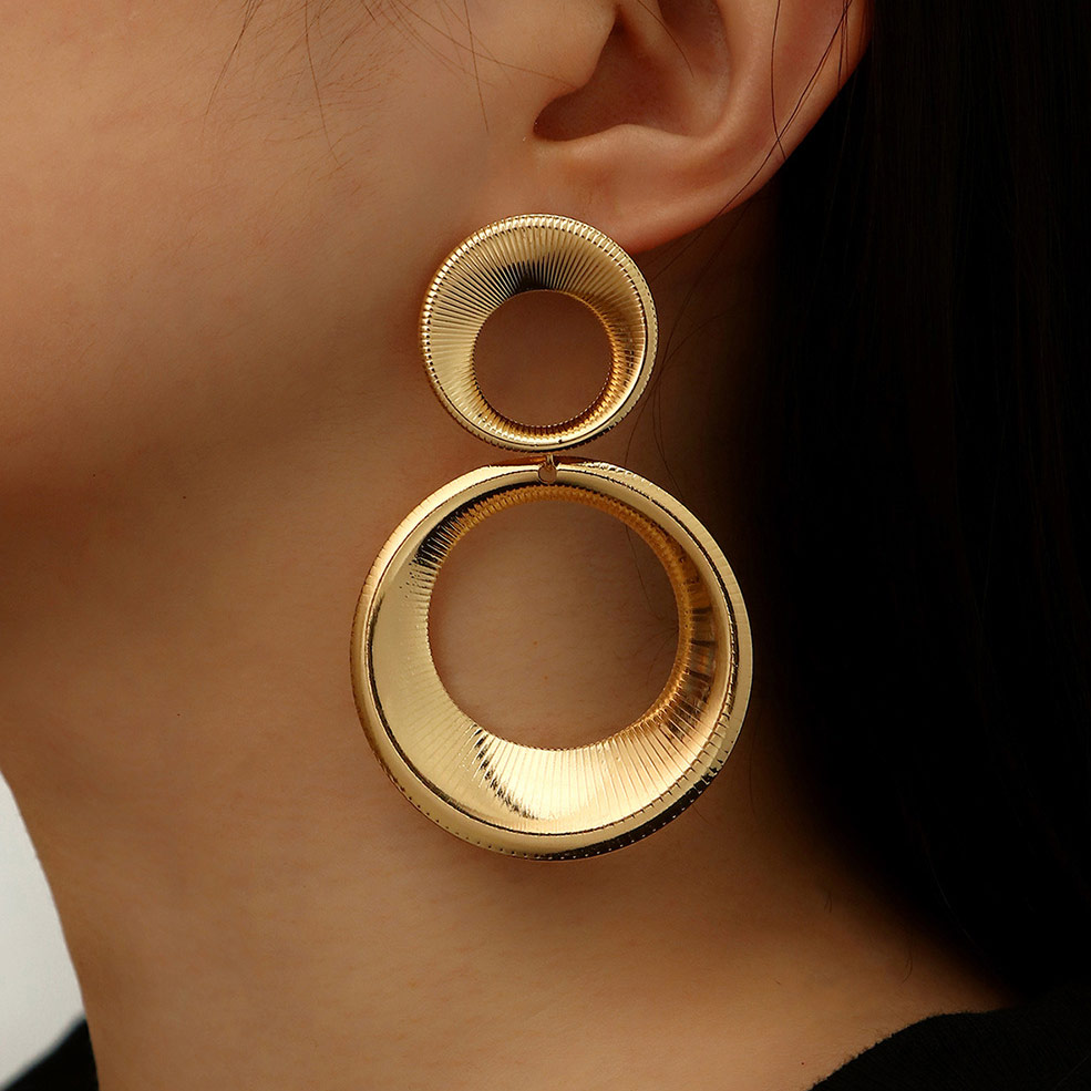 Double Circle Design Gold Metal Detail Earrings