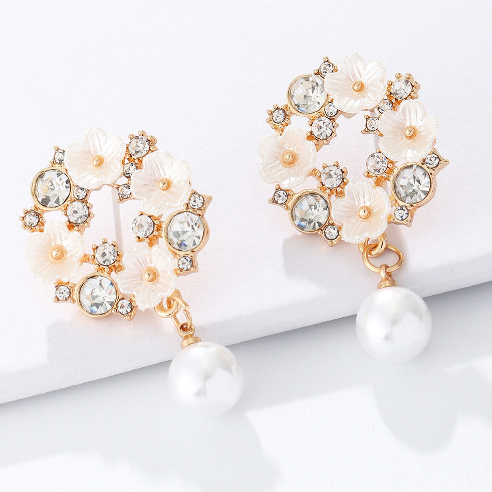 Flower Design Pearl Detail Gold Earrings