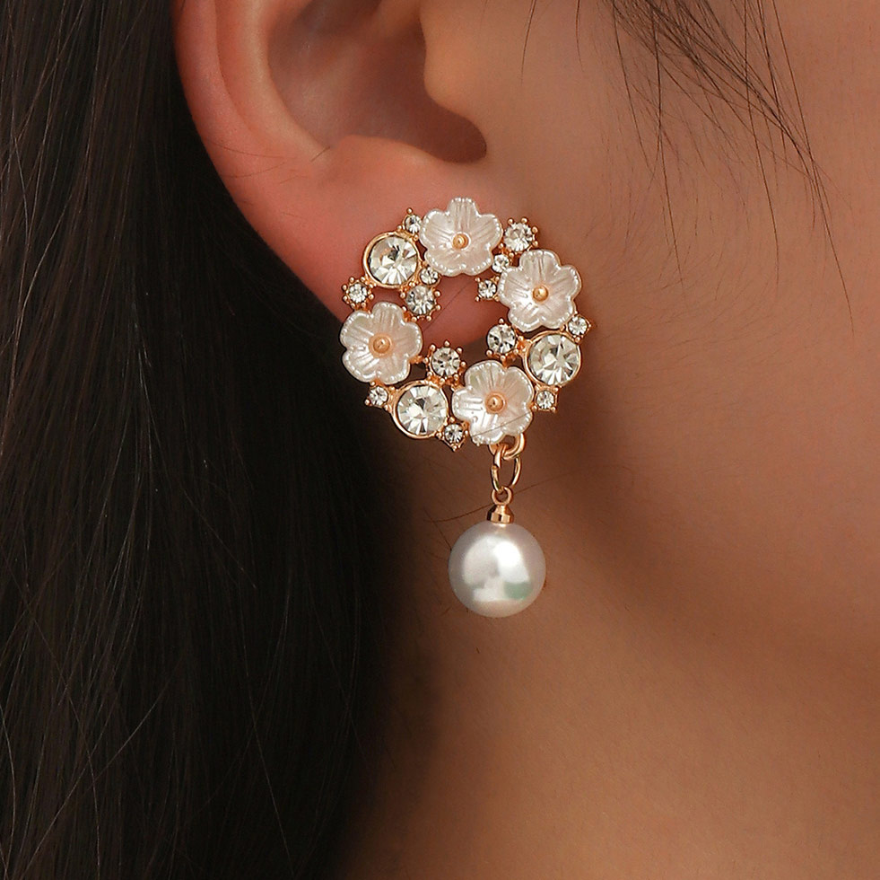 Flower Design Pearl Detail Gold Earrings