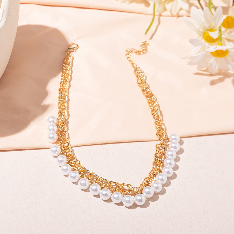 Gold Pearl Design Chain Detail Necklace