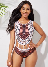 African Tribal Print Ladder Cutout Pink One Piece Swimwear