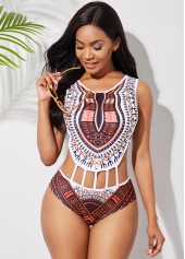 African Tribal Print Ladder Cutout Pink One Piece Swimwear