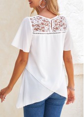 Cross Hem White Short Sleeve Round Neck Blouse