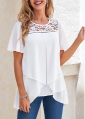 Cross Hem White Short Sleeve Round Neck Blouse