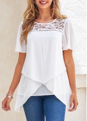Cross Hem White Short Sleeve Round Neck Blouse
