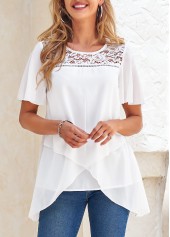Cross Hem White Short Sleeve Round Neck Blouse