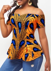 Ginger Peacock Feather Print Off Shoulder T Shirt