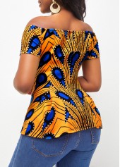 Ginger Peacock Feather Print Off Shoulder T Shirt
