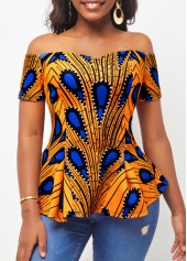 Ginger Peacock Feather Print Off Shoulder T Shirt