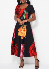 Black Short Sleeve Floral Print Dress
