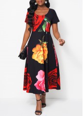 Black Short Sleeve Floral Print Dress
