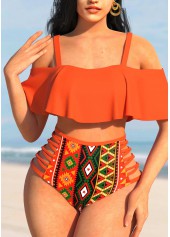 High Waisted Orange Tribal Print Bikini Set