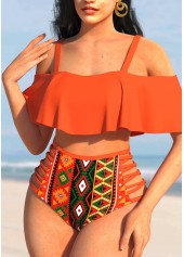High Waisted Orange Tribal Print Bikini Set