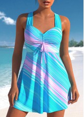 Striped Cross Strap Cyan Swimdress Top-No Bottom