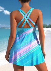 Striped Cross Strap Cyan Swimdress Top-No Bottom