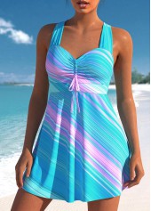 Striped Cross Strap Cyan Swimdress Top-No Bottom