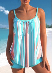 Bowknot Cyan Spaghetti Strap Striped Tankini Set