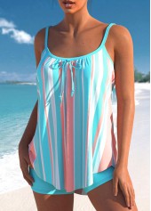 Bowknot Cyan Spaghetti Strap Striped Tankini Set