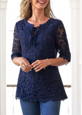 Navy Blue Split Neck Lace Stitching Blouse