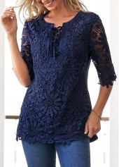 Navy Blue Split Neck Lace Stitching Blouse