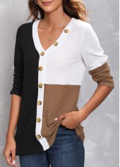 Decorative Button V Neck Black T Shirt